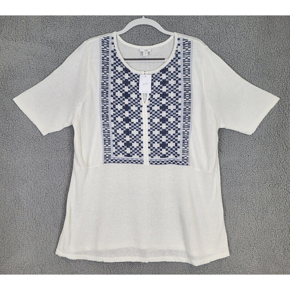 NWT J Jill Linen Blend Embroidered Knit Top Womens XL Short Sleeve New